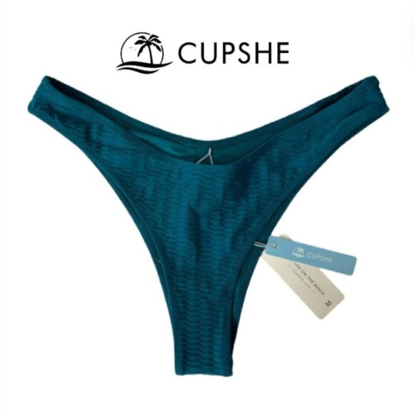 Cupshe Teal Blue High Leg Cheeky Bikini Swim Bottoms, Medium - Picture 1 of 6